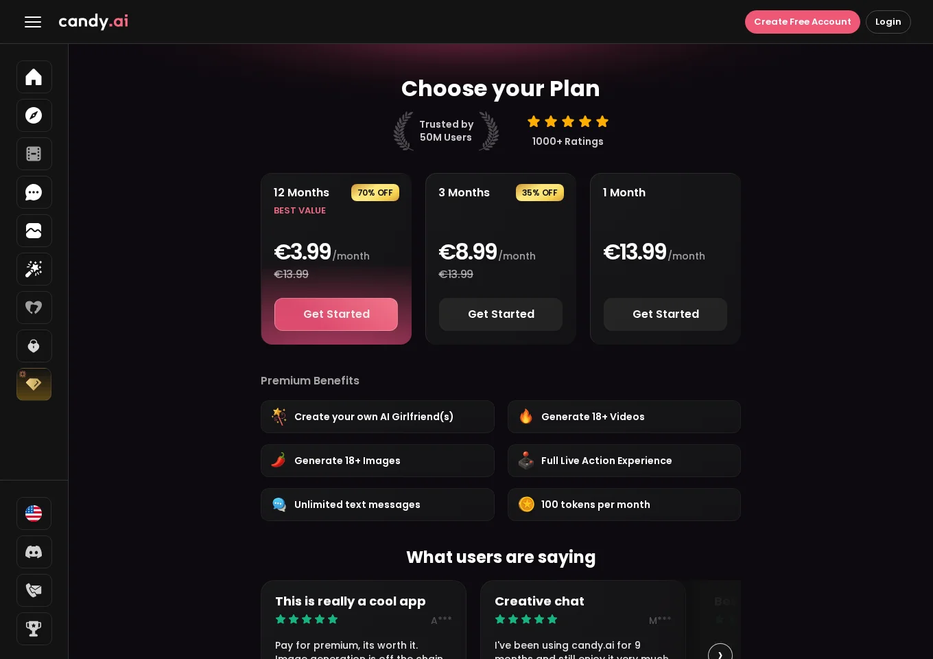 Candy AI paid plan cards and Premium benefits, including unlimited text and 100 monthly tokens
