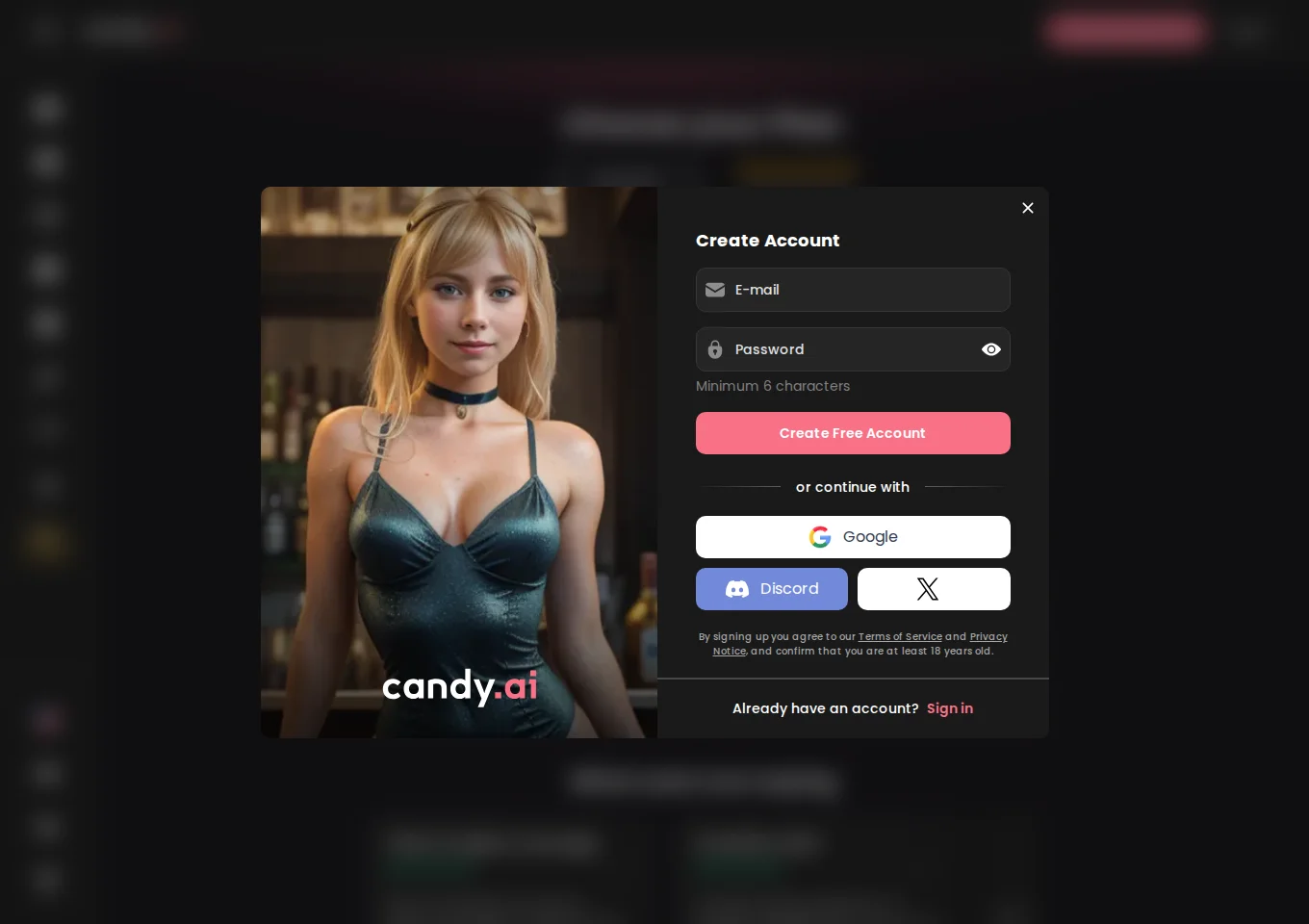 Candy AI Create Account dialog with empty email and password fields and social sign-in options