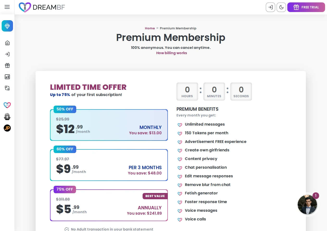 DreamBF Premium membership page displaying monthly, quarterly and annual promotional plan options