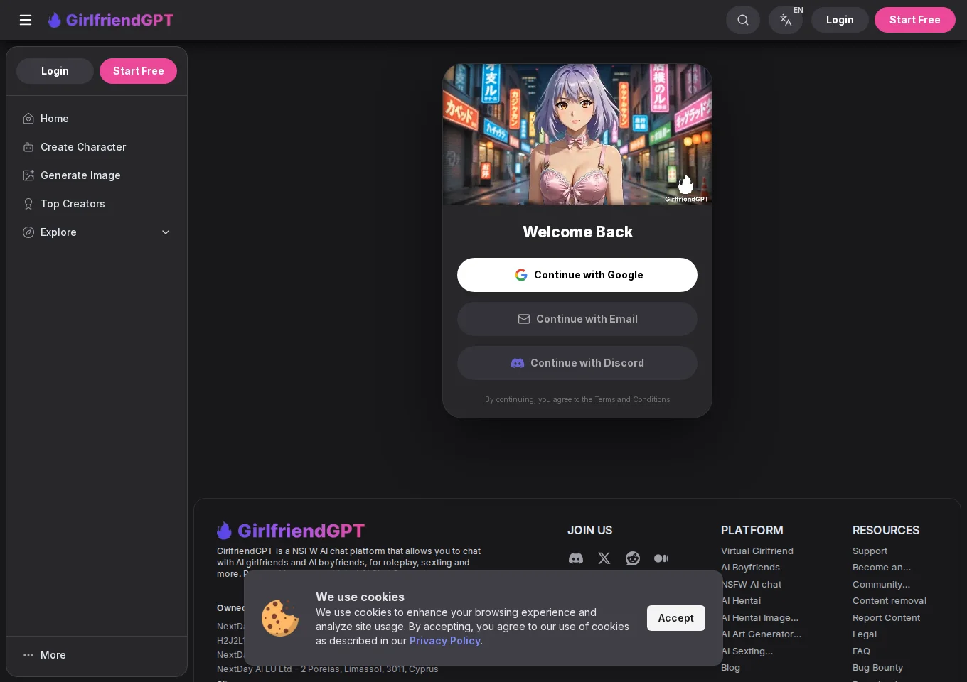 GirlfriendGPT sign-in screen offering Google, email and Discord access