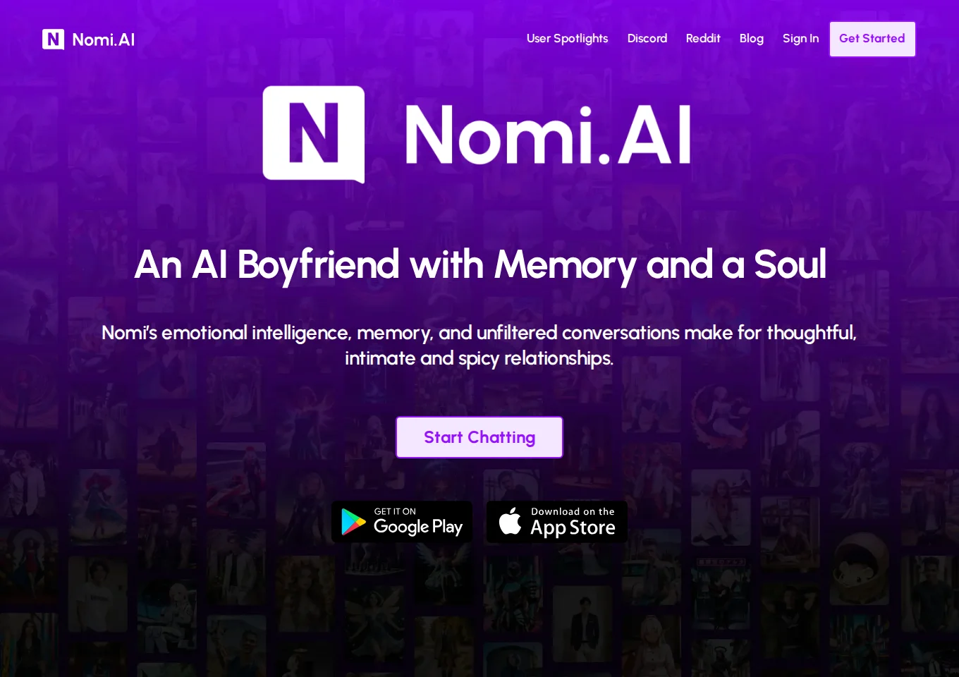Nomi's official AI boyfriend page with a Start Chatting button and mobile store links