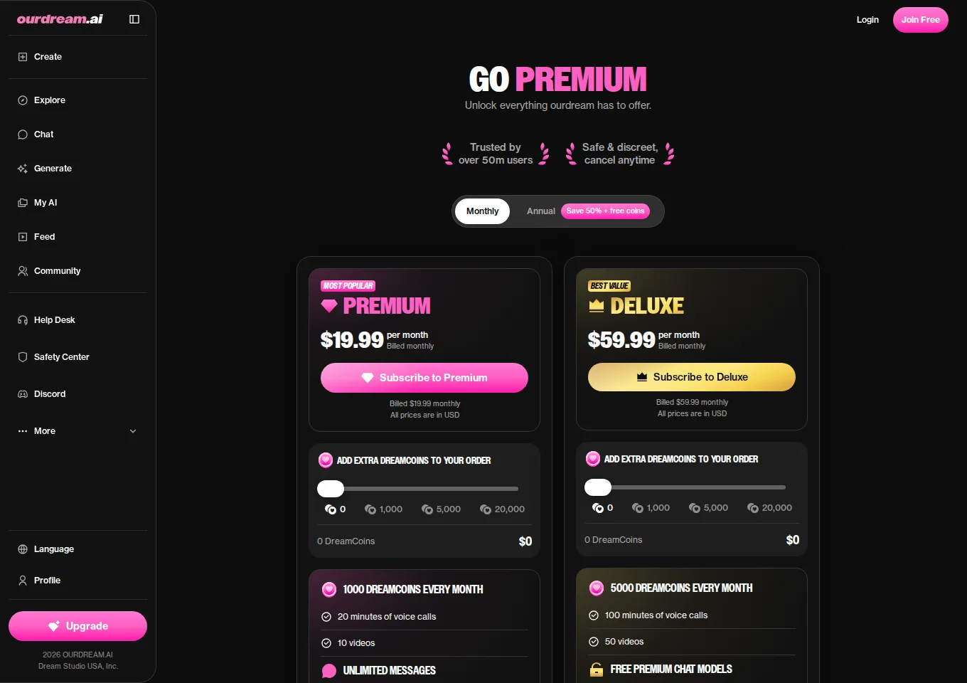 OurDream monthly Premium at 19.99 US dollars and Deluxe at 59.99 US dollars
