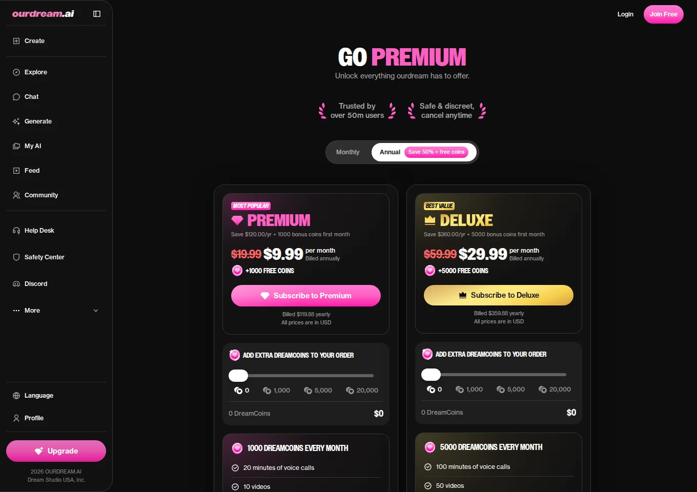 OurDream annual Premium and Deluxe plans, showing yearly totals and optional extra DreamCoins