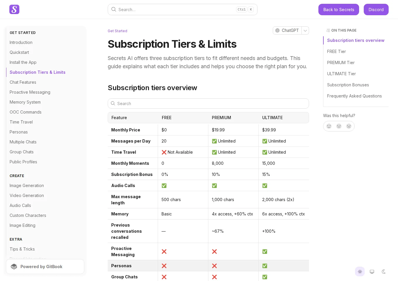 Secrets official subscription table comparing Free, Premium and Ultimate message and Moments limits