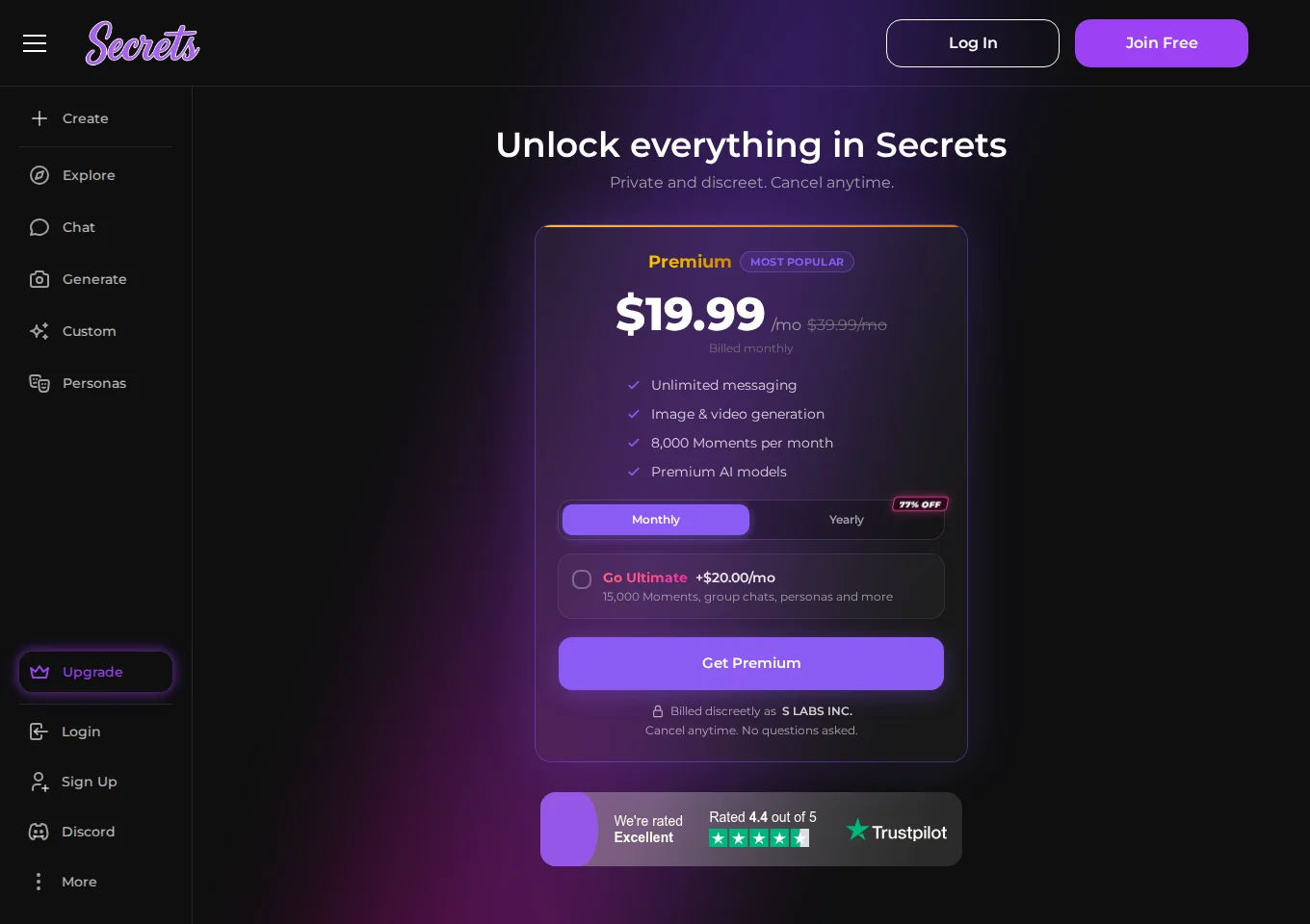 Secrets Premium monthly plan showing 19.99 dollars, 8000 Moments and an optional Ultimate upgrade