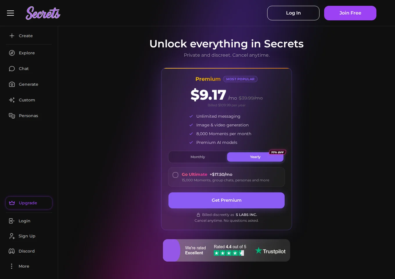 Secrets Premium annual plan displaying 9.17 dollars per month and 109.99 dollars billed yearly